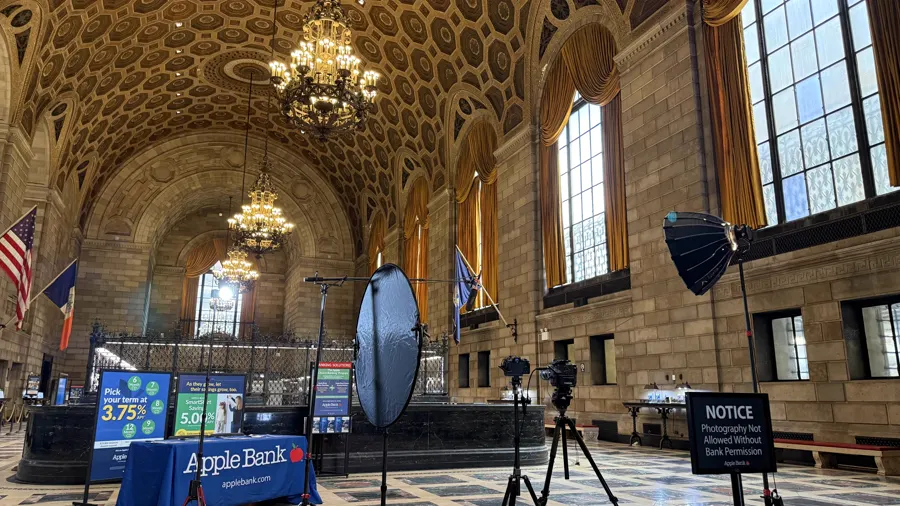 The historic banking hall of Apple Bank prepared for filming