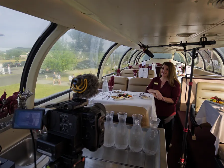 Filming aboard a heritage railroad dining car