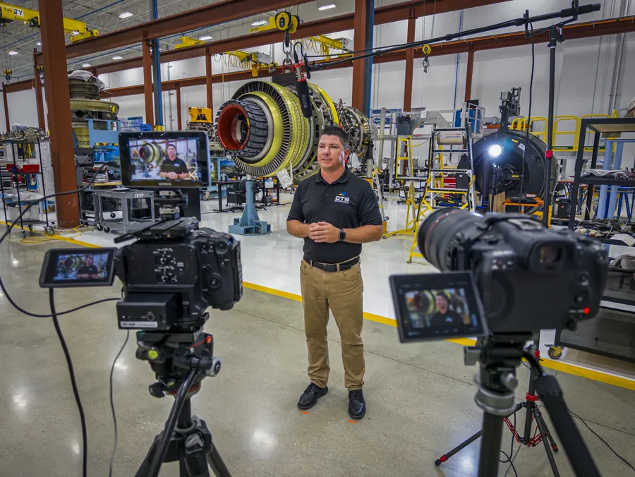 A jet engine under maintenance at CTS Engines
